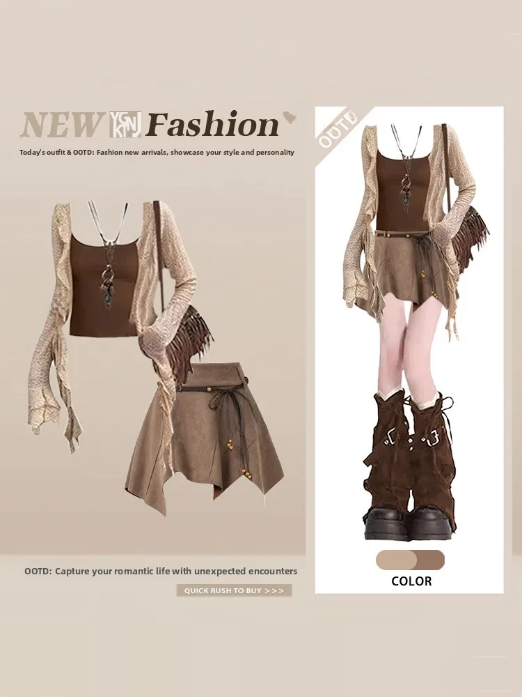 

Sexy Desert-Themed Slimming i Cardigan ort Vest Skirt Tee-Piece Set Spring Faion Women's Clothing Ensemble