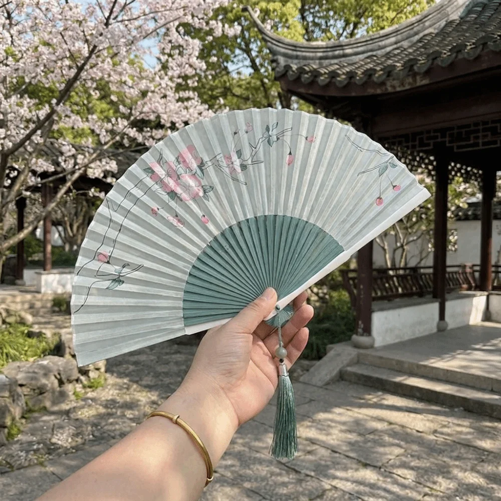 Portable Retro Folding Hand Fan Lotus Design Wooden Handle Dance Fan with Tassels Classical Chinese Style Fan Performance