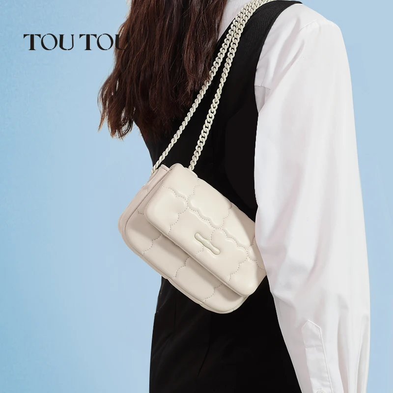 

TOUTOU Women Chain Bag Embroidery Crossbody One Shoulder Bag Biscuit Design Square Bag Fashion PU Leather Flap Purse For Women