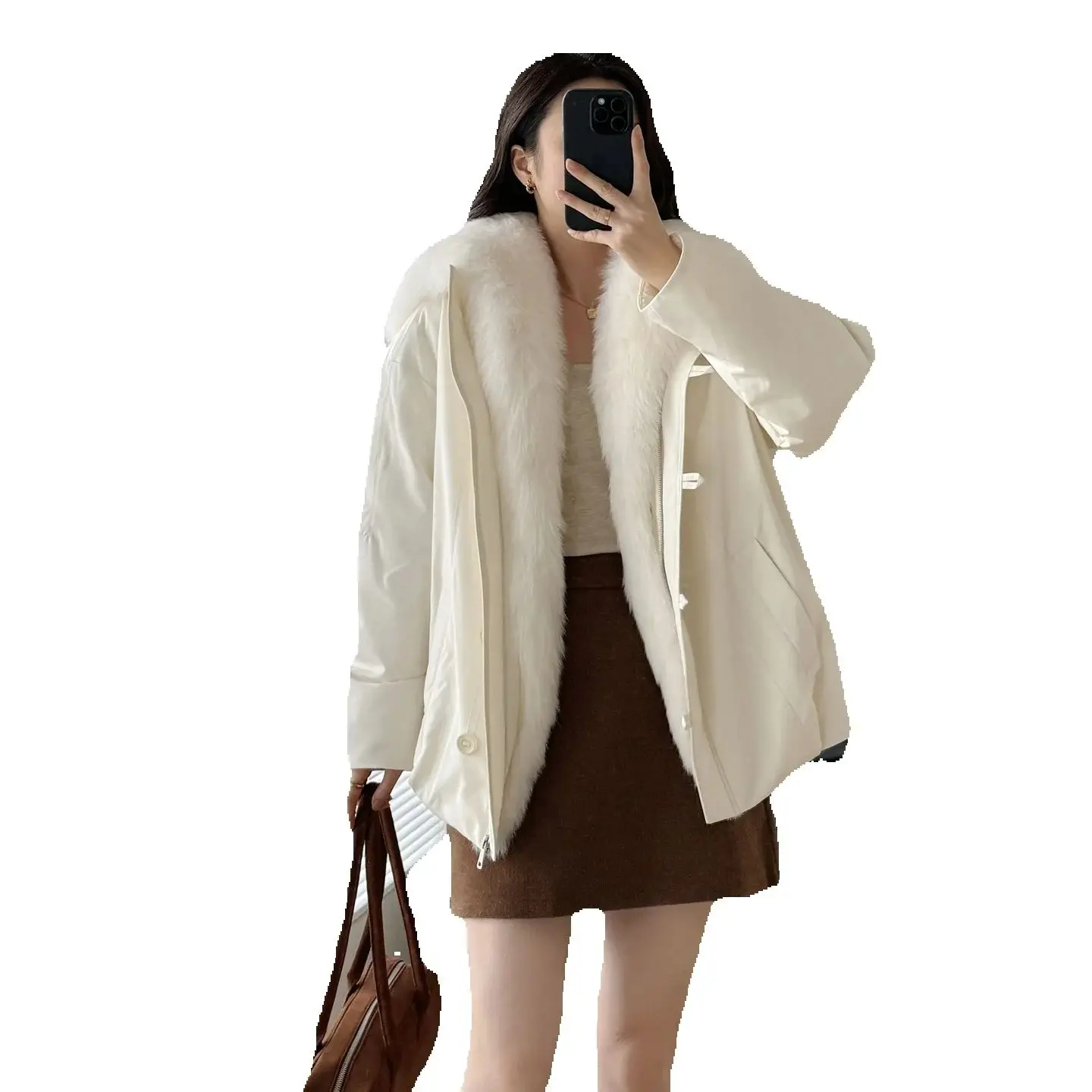 

Yunwu Chuxue, новинка 2025 года, зимняя куртка с темно-синим воротником из лисьего меха 90, белый гусиный пух, пуховик