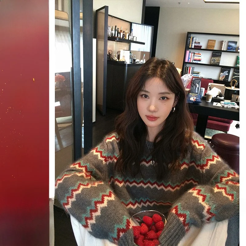 

High-End Bear Velvet Wave Stripe Knit Sweater Tee-color Iris Loose Fit Casual Sle Pure E-commerce Exclusive Wool Blend