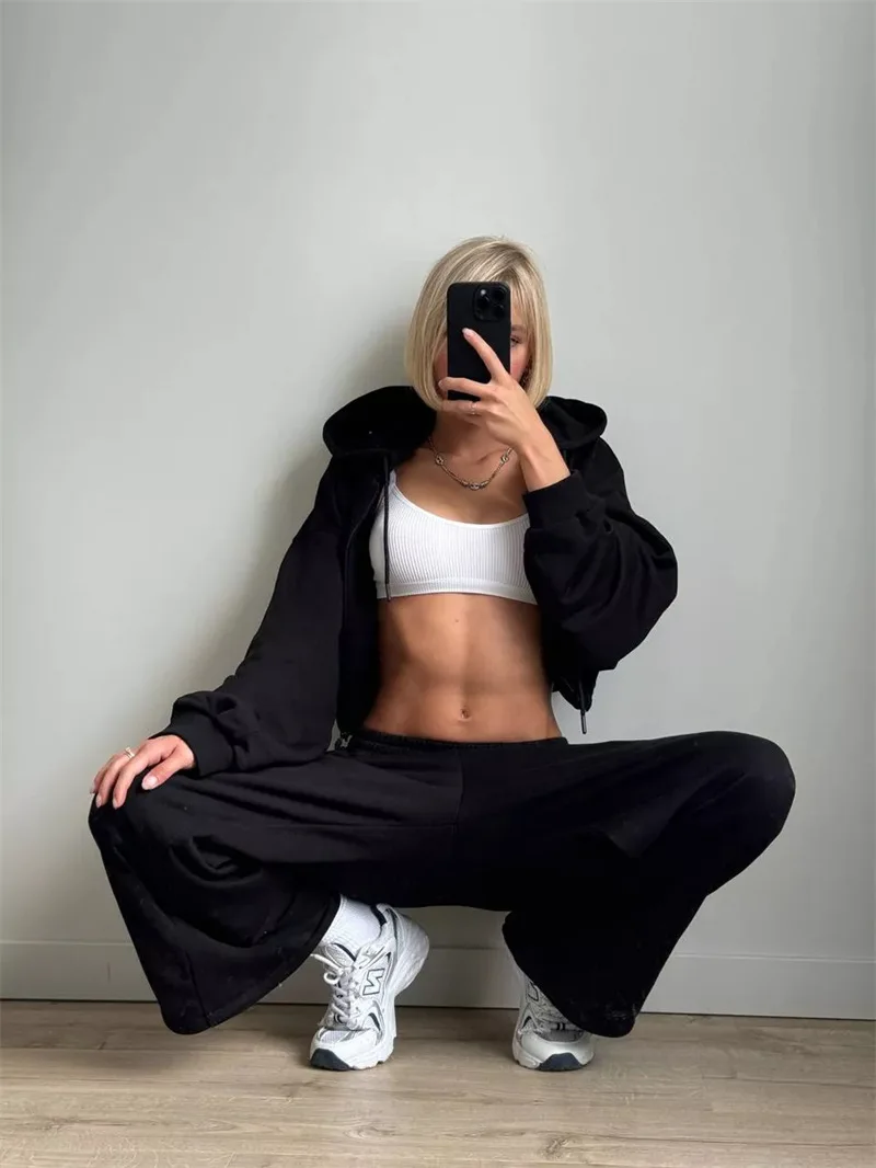 Комплект брюк Женские одинаковые комплекты Комплекты из двух предметов Топы на молнии с капюшоном Широкие длинные брюки Спортивный костюм Рабочий Y2k Уличная одежда Элегантный джоггер