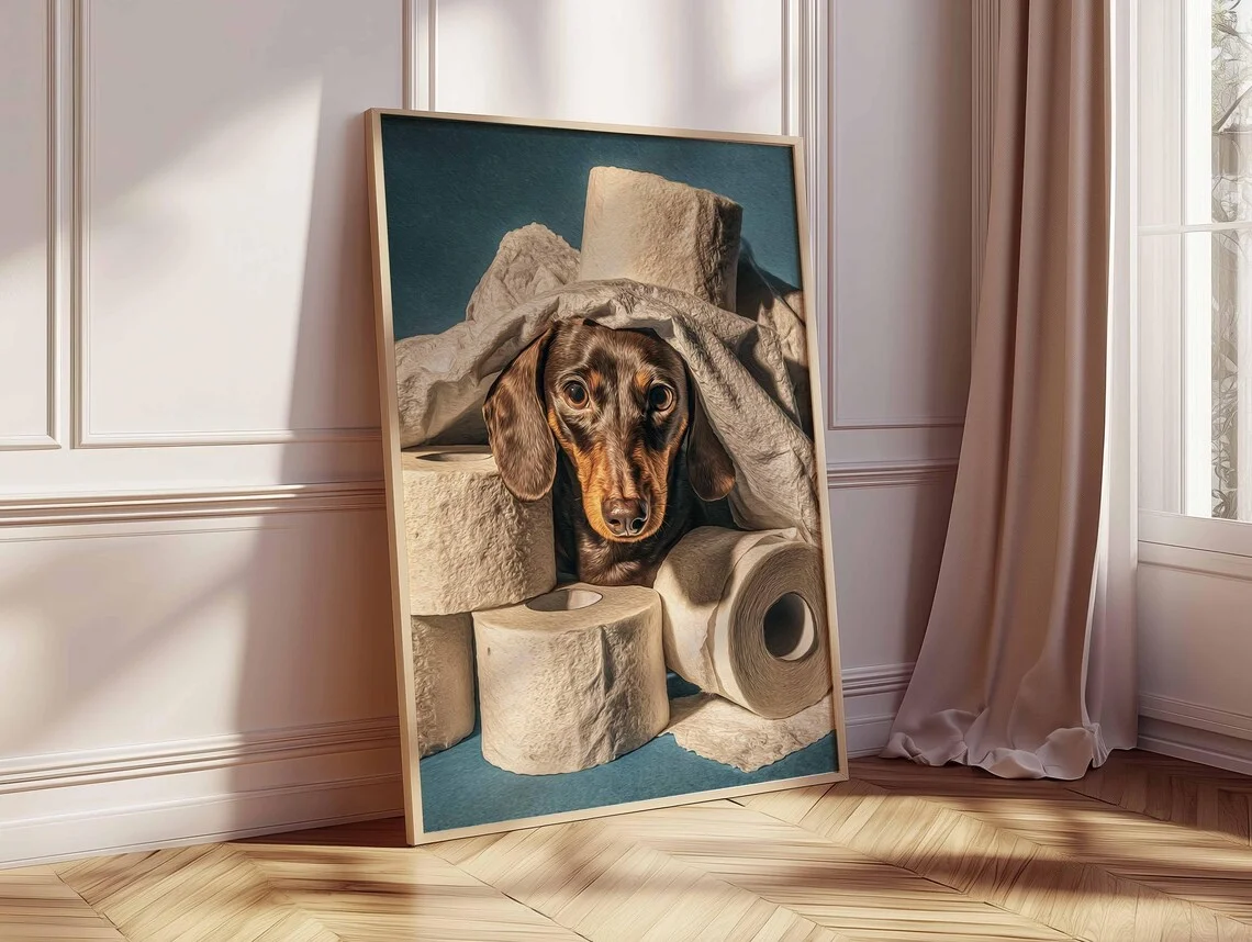 Hilarious Toilet Paper Dachshund Wall Art - Whimsical Print Celebrating Canine Mischief. The Muted Teal Backdrop and Expressive