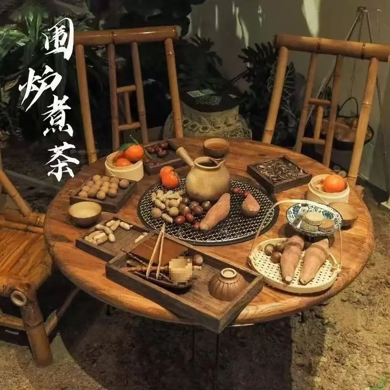 Old elm stove barbecue  solid wood tea table and chair combination household small tea  coffee table