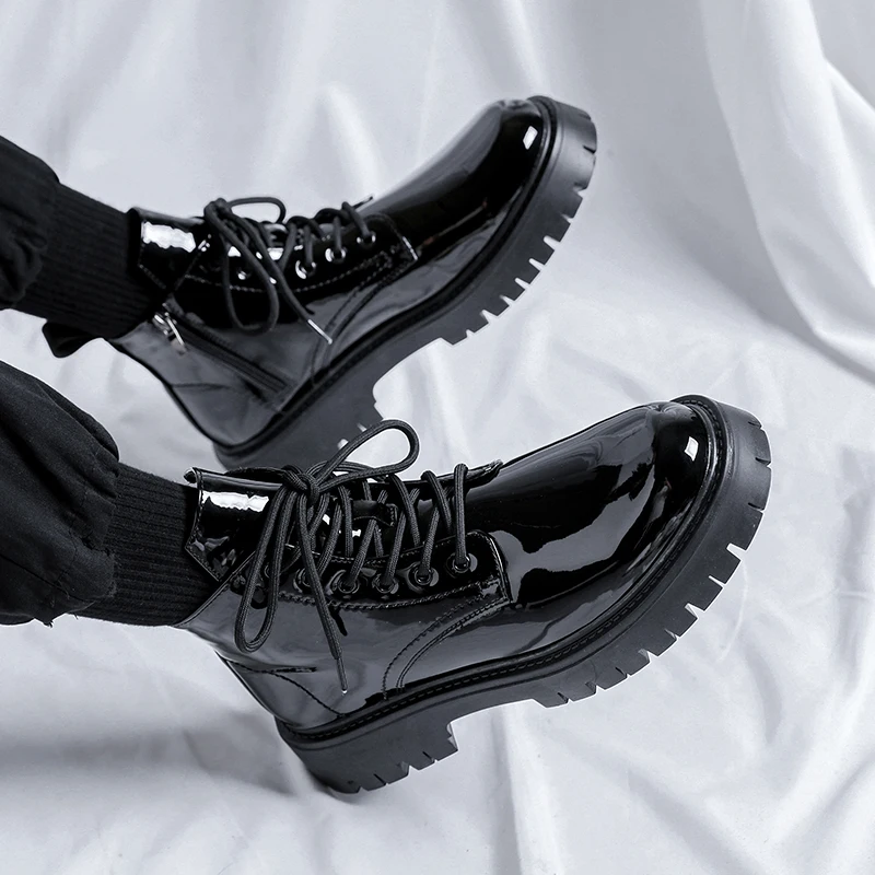 

Quality Shiny Leather Mens High Top Casual Shoes Fashion Thick Soled Comfortable Motorcycle Boots Branded Business Leather Boots