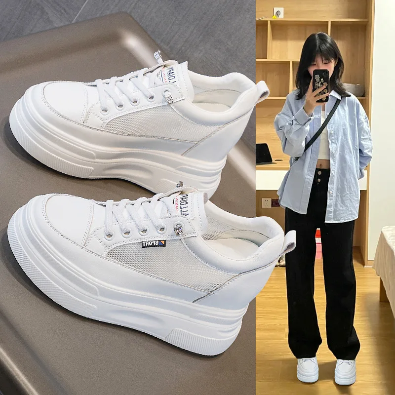 Women's Spring and Autumn New Style Thick soled Slope Heel with a Height Increase of Within 10cm  Casual Low cut White Shoes