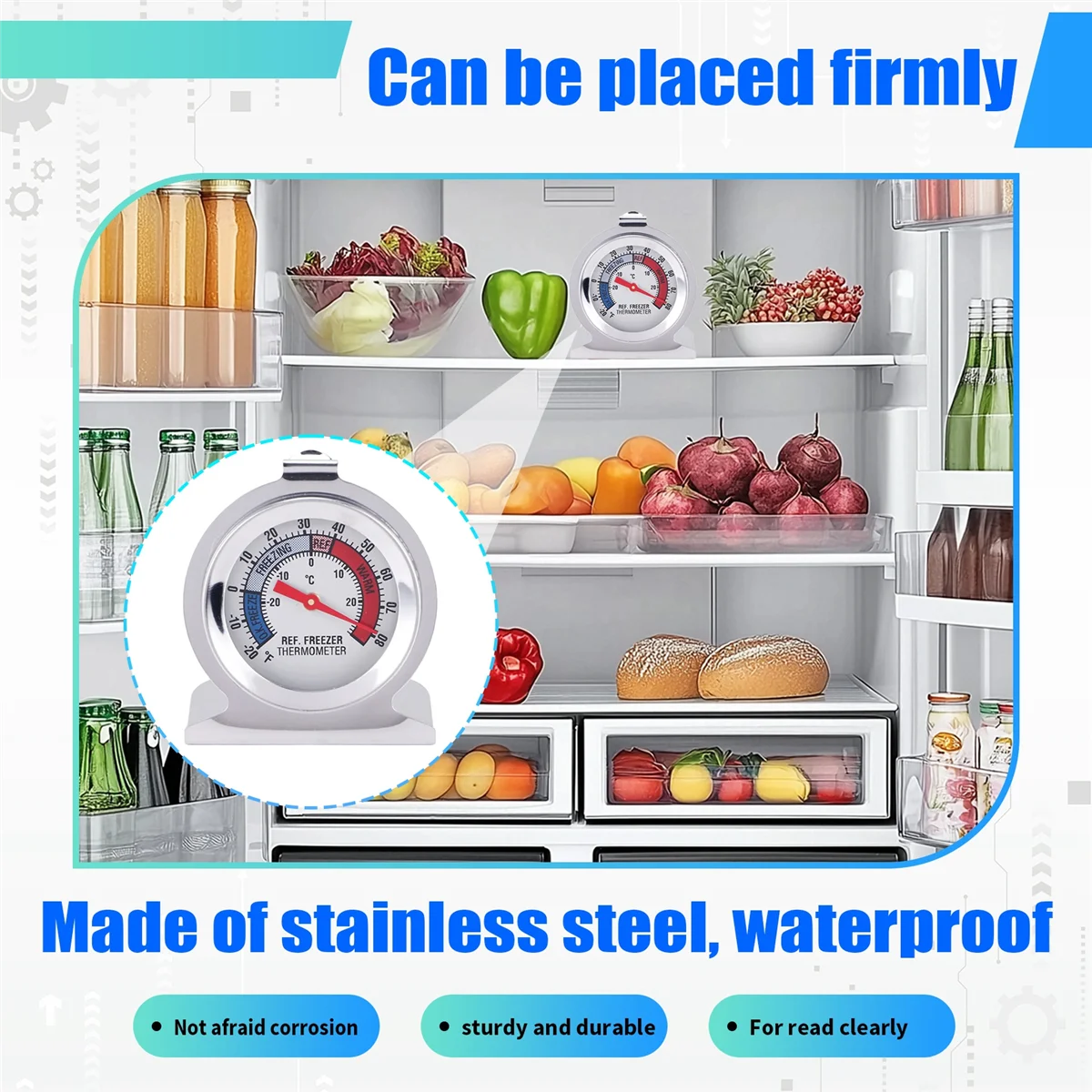 N98R 4Pc 냉장고 온도계, 빨간색 표시기 온도계 포함 냉동고 냉장고 쿨러(걸이 후크 및 스탠드 포함)