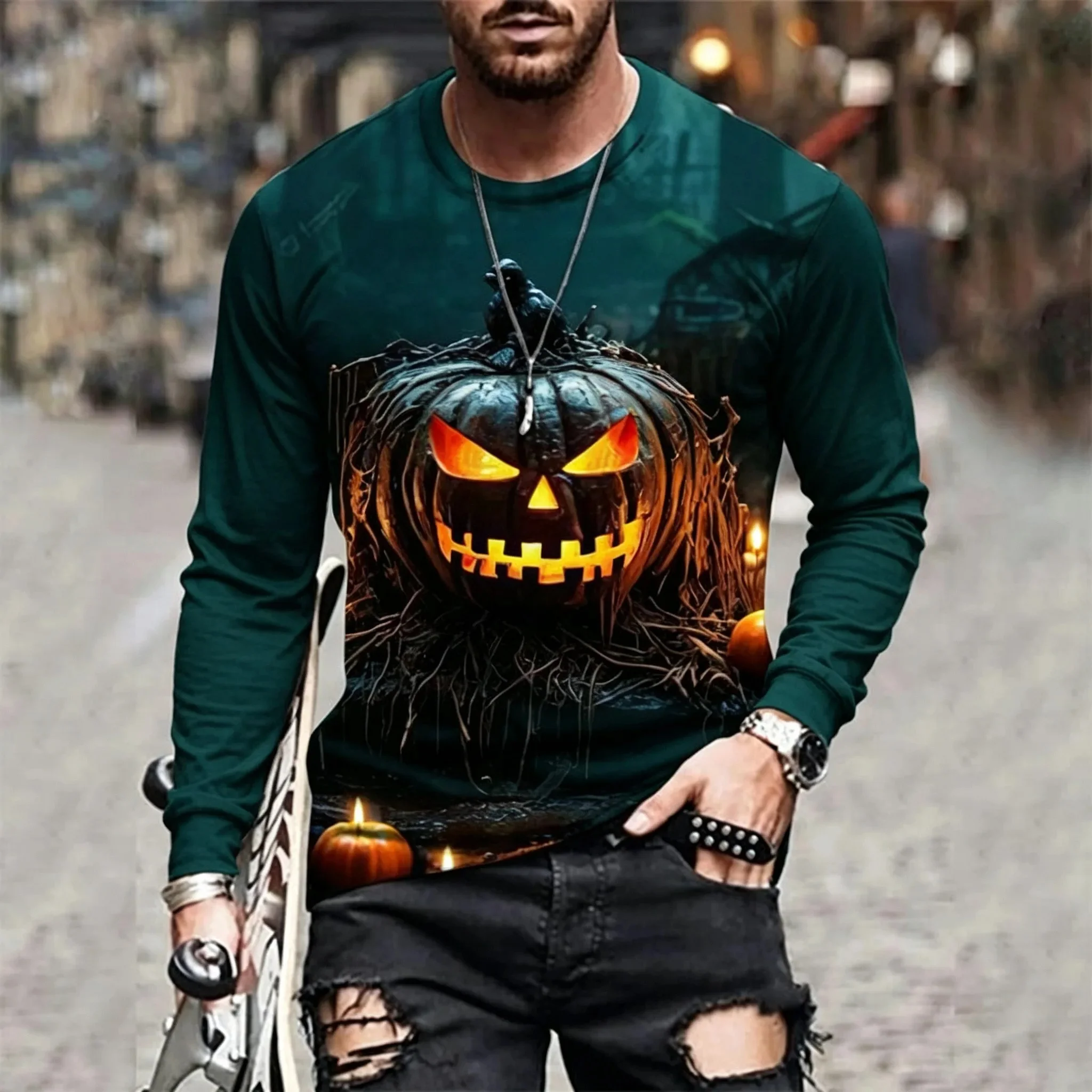 2026 new autumn and winter men's long sleeved Halloween scarecrow skeleton ghost pumpkin 3D printed round neck casual street