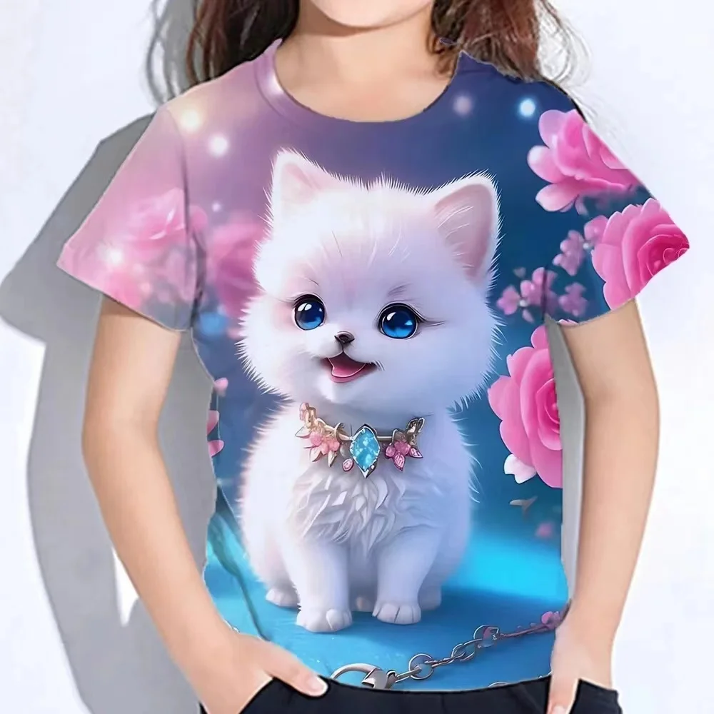 Camisetas divertidas para niñas, Top de manga corta de verano con estampado 3d de animales de dibujos animados y gatos, ropa para niñas, camisetas informales de moda 2025