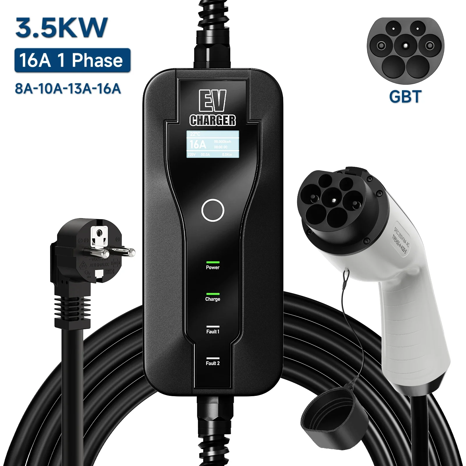 3,5 W 16A draagbare EV-oplader GBT EVSE oplaaddoos EU-stekkercontroller Wallbox voor elektrische auto Snelle laadstroom instelbaar