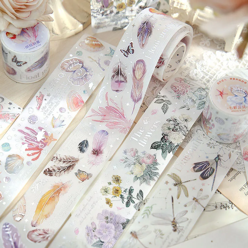 Hepaper Tape Flower Bird Marine Animal Series artistico Hot Silver Feather Plant Hand Tent adesivo decorativo con strato inferiore