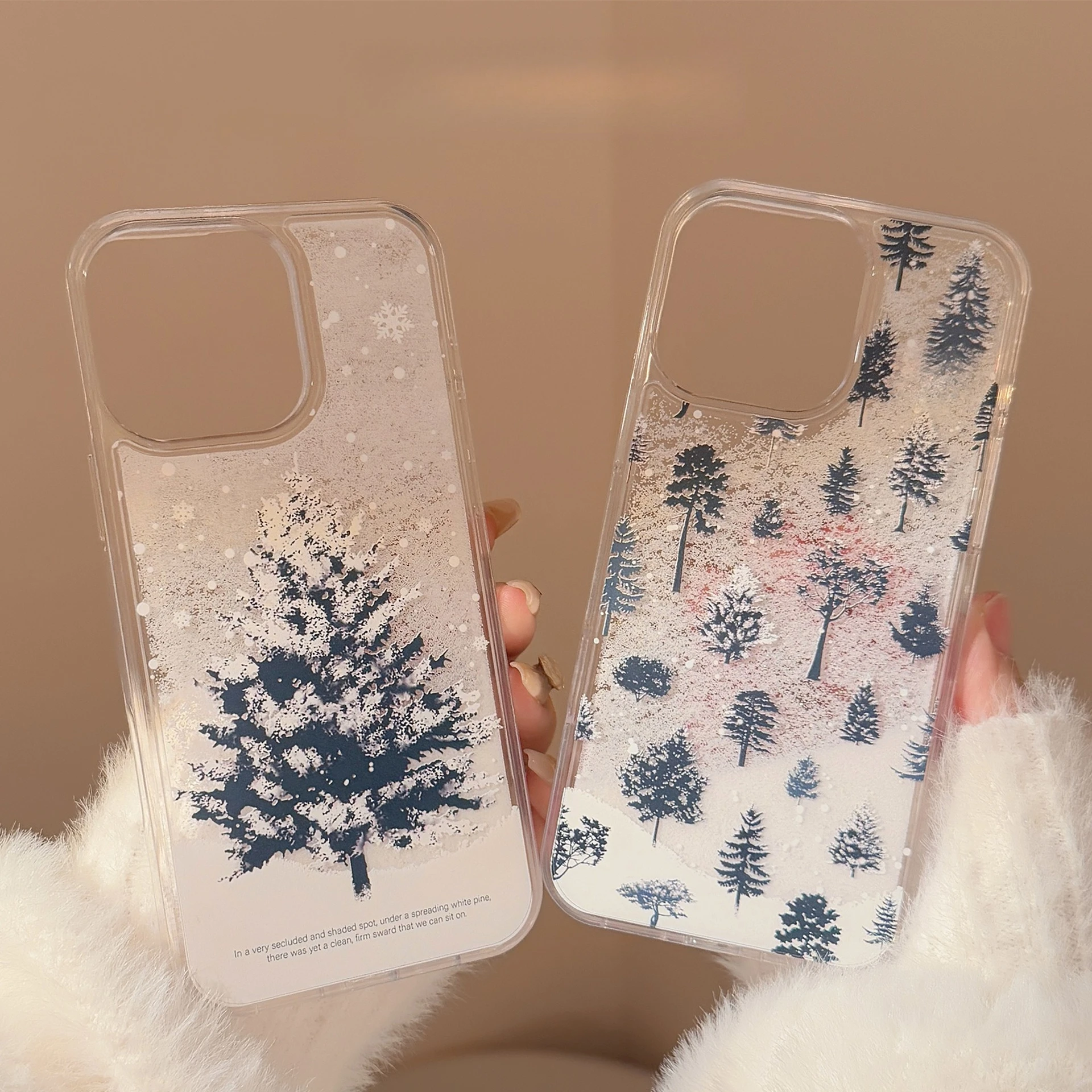 Capa de telefone de árvore de natal de floco de neve de inverno para 16 15pro max 14 13pro capa de telefone semi-transparente com flocos de neve fluindo