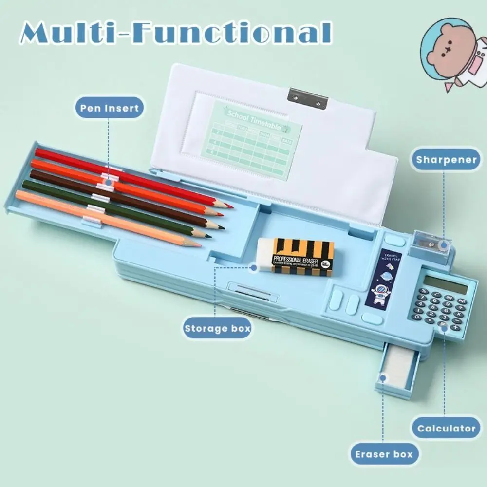 Double Layer Pencil Case With Calculator Pencil Sharpener Pencil Box Astronaut/Animal Design Plastic Stationery Storage Box