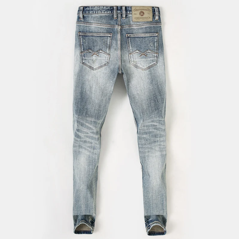 Newly Designer Fashion Men Jeans High Quality Retro Gray Blue Elastic Slim Ripped Jeans Men Italian Style Vintage Denim Pants