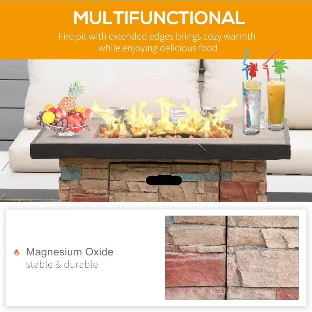 32 Inch Outdoor Fire Pit Table, Auto-Ignition Faux Ledge Stone Gas Firepit with Lava Rocks and Rain Cover, Fire Pit Outdoor