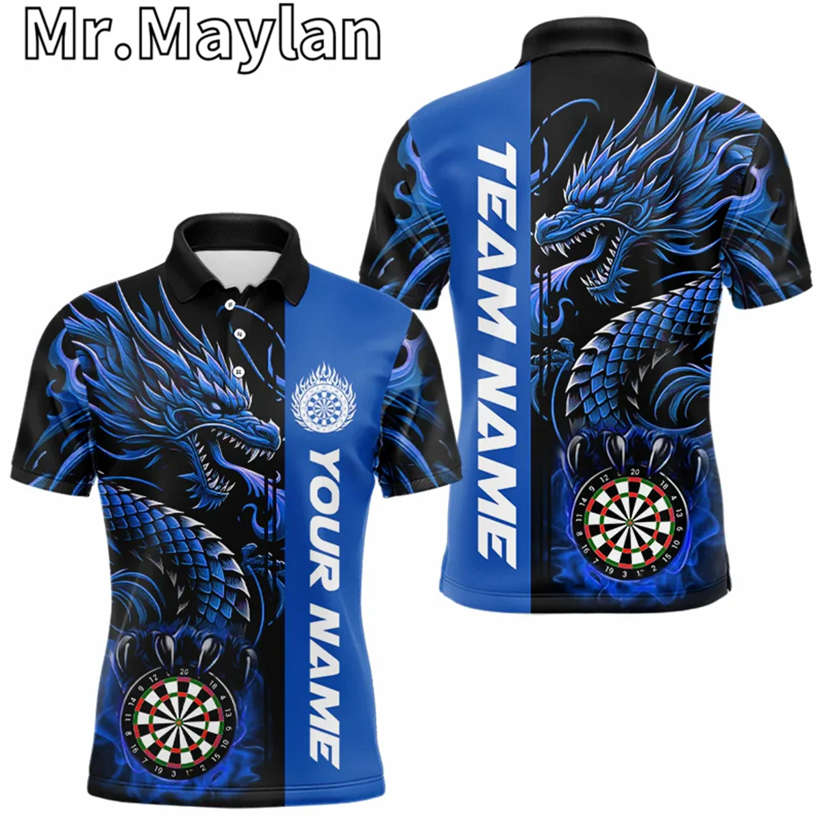 

Men's Custom Blue Dragon Dart Polo Shirts For Men Personalized 3D Dart League Uniform Best Dart Jerseys Gifts For Darts Lovers