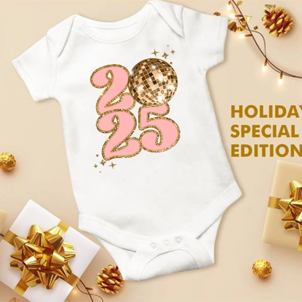 Happy New Year 2025 Print Baby Bodysuit Cute Infant New Year Outfit Newborn Short Sleeve Romper Holiday Toddler Clothes Jumpsuit