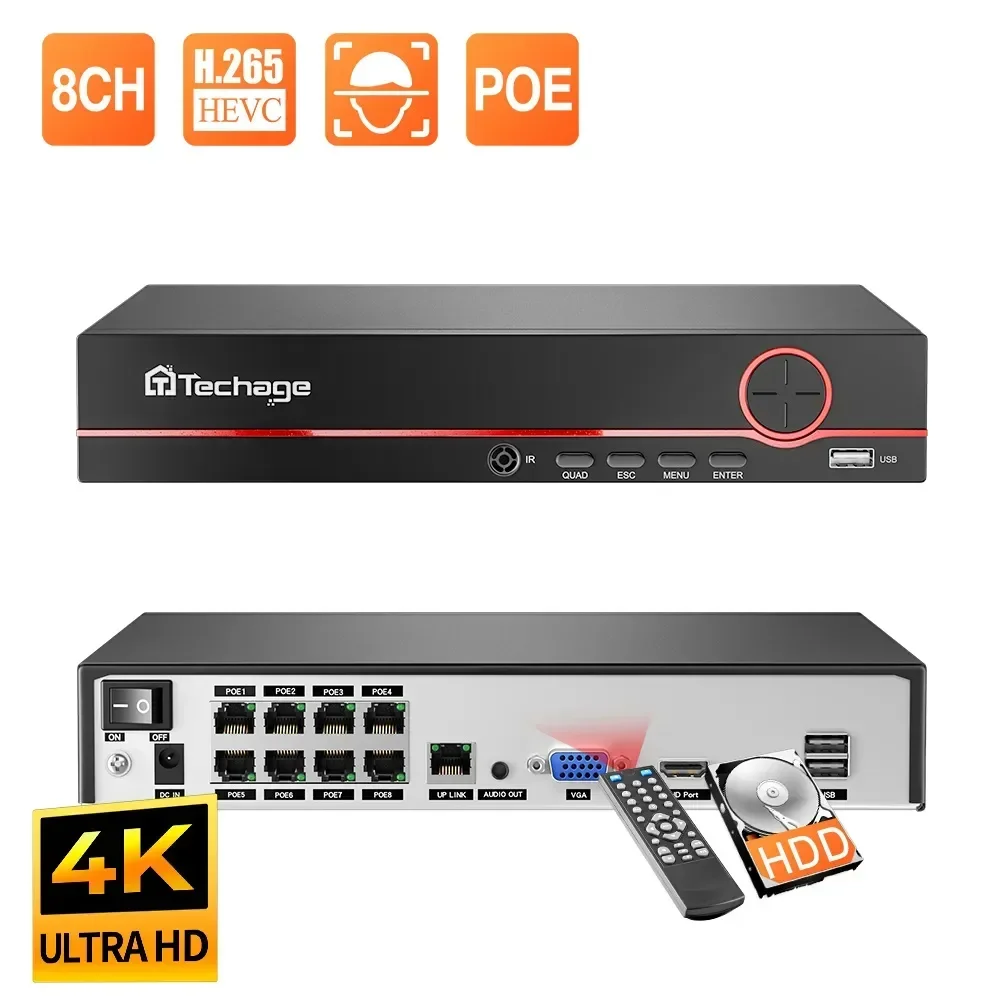 Techage H.265 8CH 4K 2K POE NVR شبكة مراقبة أمنية مسجل فيديو يصل إلى 16CH لنظام CCTV POE IP مسجل كاميرا