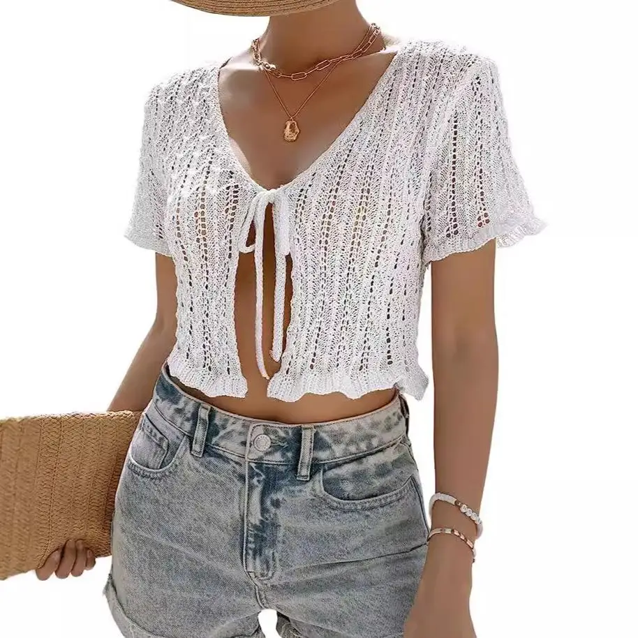 

White Strap Cardigan Thin Short Hollowed Out Beach for Spring and Summer 005