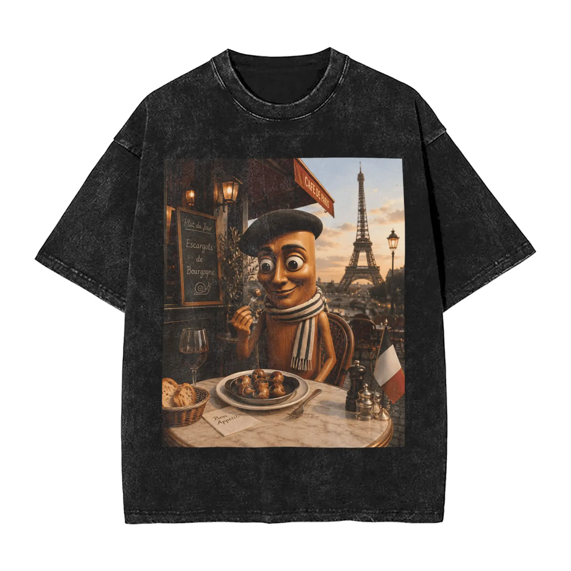 Awesome Funny Tourist Savoring French Escargot Tung Sahur Brainrot T-Shirt for Men O Neck Cotton T Shirts Short Sleeve Tee Shirt