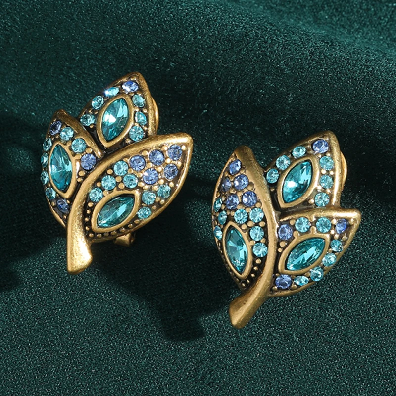 

Vintage Sea Blue Crystal Leaf Earrings Woman Gold Color Elegant Luxury Quality Jewelry Designer Wedding Gift Party NePw In 2025