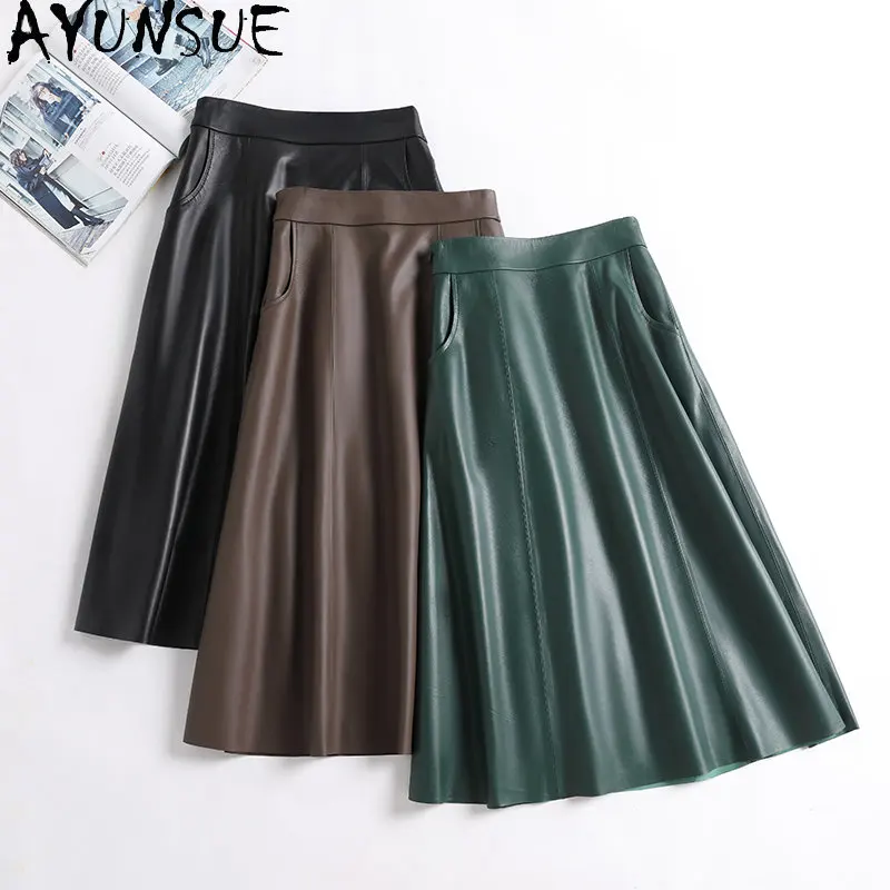 

AYUNSUE Real Leather Skirt Women Genuine Sheepskin Leather Skirts for Women 2023 High Waist A Line Skirt Korean Style Jupe Femme