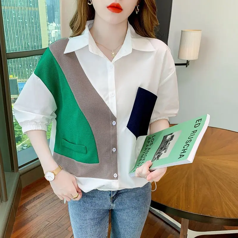 Women Summer New Polo Collar Shirt Commuting Simple Fashion Contrast Splicing Button Pockets Versatile Casual Short Sleeve Tops