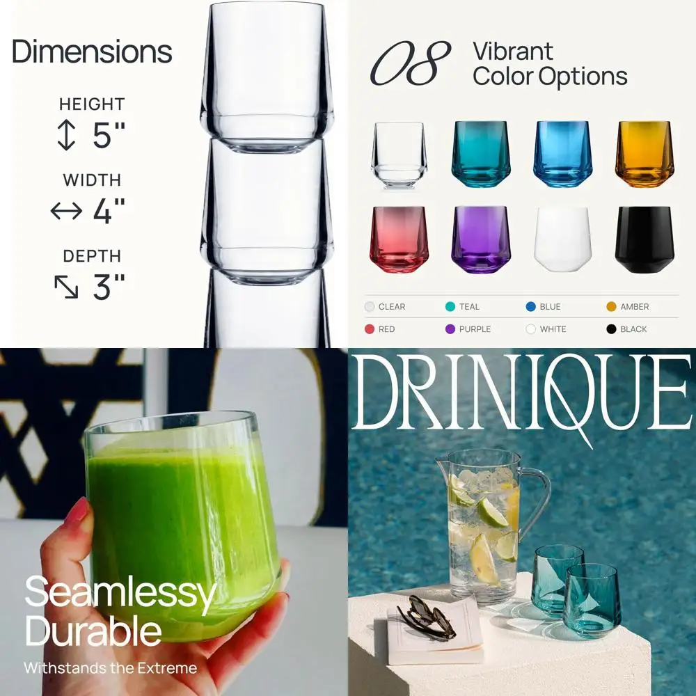 

Set of 4 - 12 oz Amber Tritan Plastic Stemless Wine Glasses, Unbreakable, BPA-Free, Reusable for Indoor/Outdoor Use, Made in USA