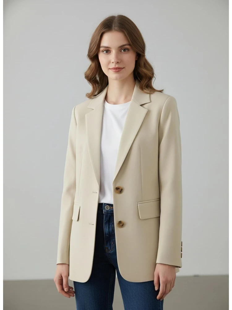 

Freeacy Women's Apricot Blazer Jacket Notch Lapel Collar Long Sleeves Buttoned Loose Fit Coat 2025 Stylish Commuter Outerwears