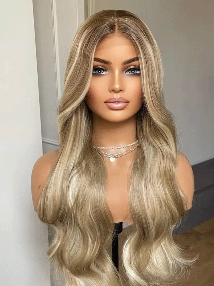 

Ash Platinum Blonde Synthetic Lace Front Wig Dark Roots With Preplucked Realistic Hairline Wig Natural Looking Wig For Women