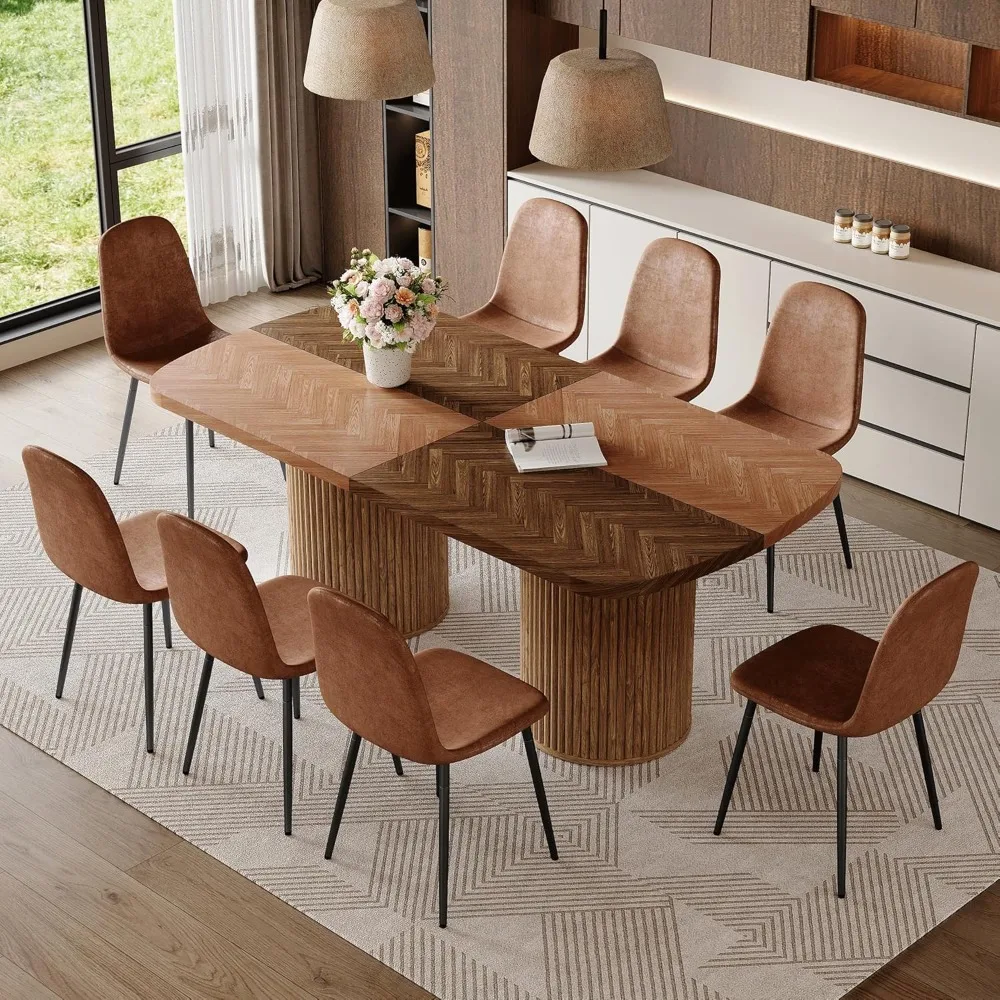 

Modern Dining Table Set for 8, 79" Dining Table Set for 8, Large Size Suitable for 8-10 People Use, Paired with 8 Faux Leather C