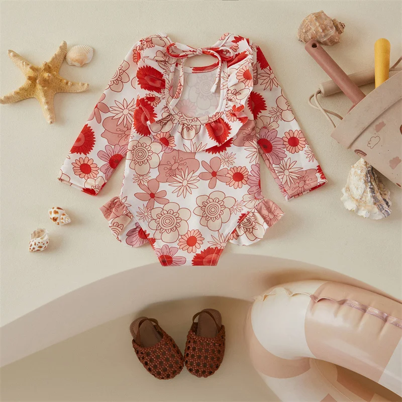 Tregren Toddler Baby Girls Spring Summer Romper Swimwear Long Sleeve O Neck Floral Swimsuit Beach Pool Hot Spring Bathing Suits