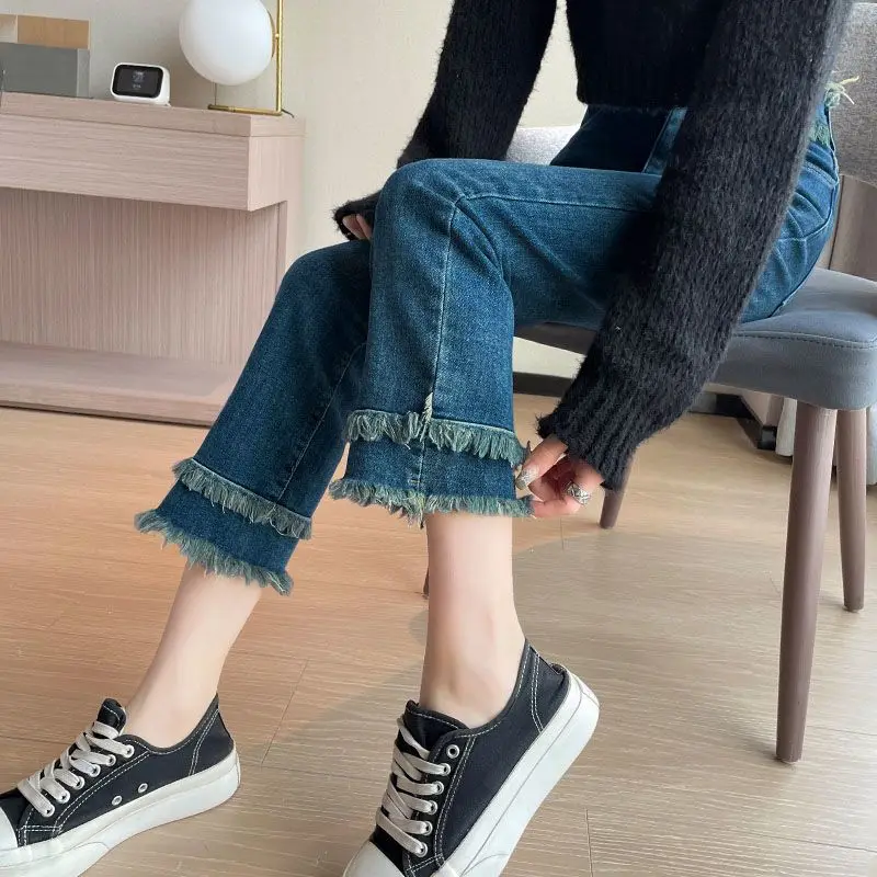 

Summer Women's Stretch Straight Leg Jeans High Waist Raw Edge Thin Comfortable Trousers