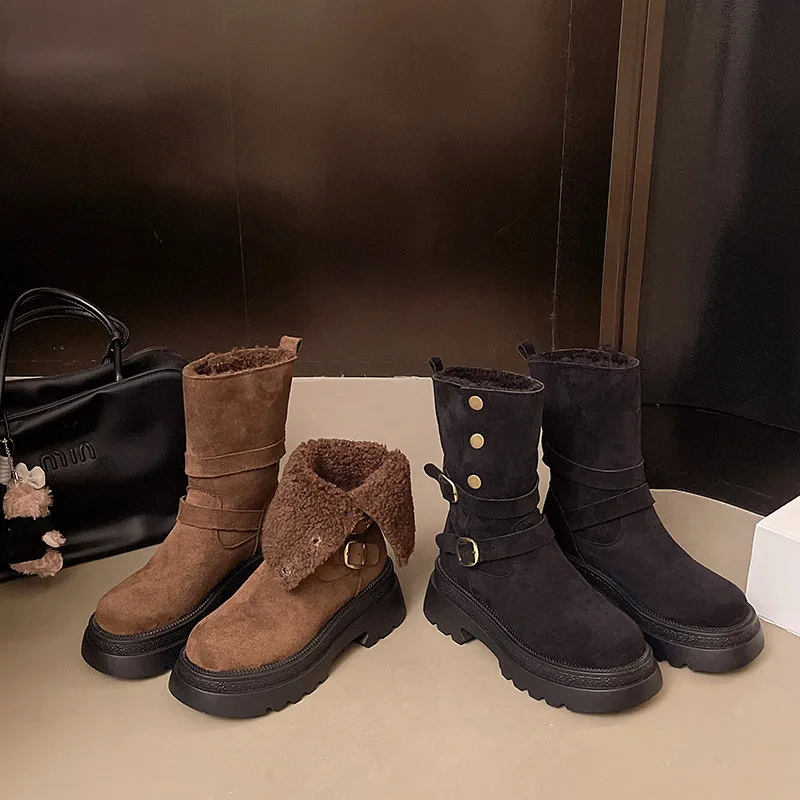 

2025 New Women's Platform Snow Boots Chunky Heel Belt Buckle Suede Mid Calf Boots Furry Warm Women Cotton Shoes High Heels Botas
