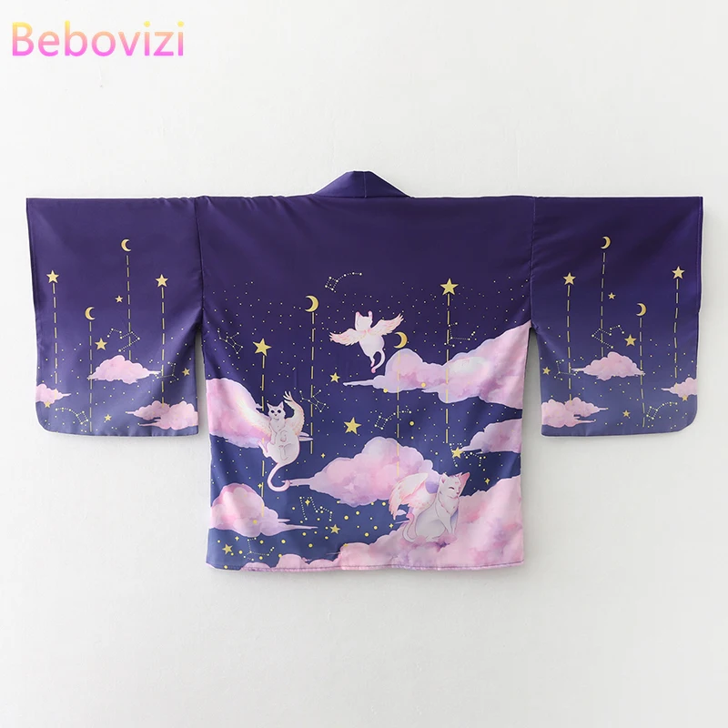 2021 New Loose Purple Kawaii Cats Print Japanese Streetwear Cardigan Women Men Harajuku Haori Kimono Cosplay Blouse Top Yukata