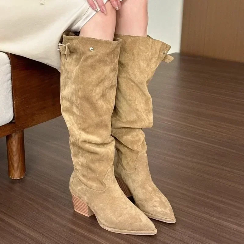 2024 Hot Selling Women\'s Shoes Spring and Autumn Fashion Pointed Toe Women\'s Boots Suede Square Heel High Women\'s Fashion Boots