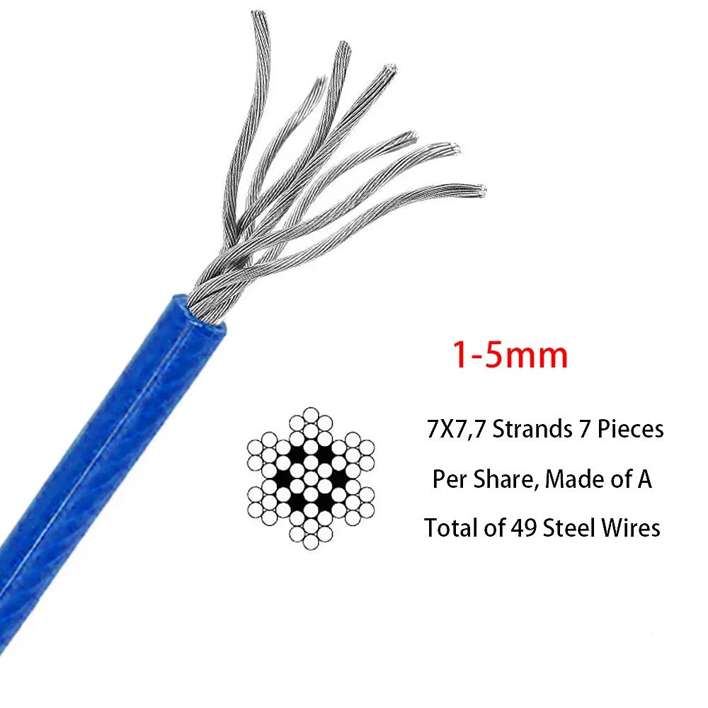 1-6mm Blue PVC Steel Wire Rope 304 Stainless Steel Handling Suspension Steel Cable Rope for Guardrail Suspension Handling 5-100M