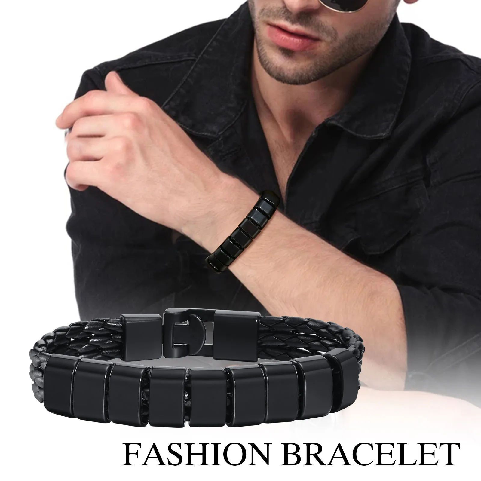 Black Braided Leather Bracelet With Name Personalized Custom Beads Bangle Bracelet for Men Husband Family Gifts