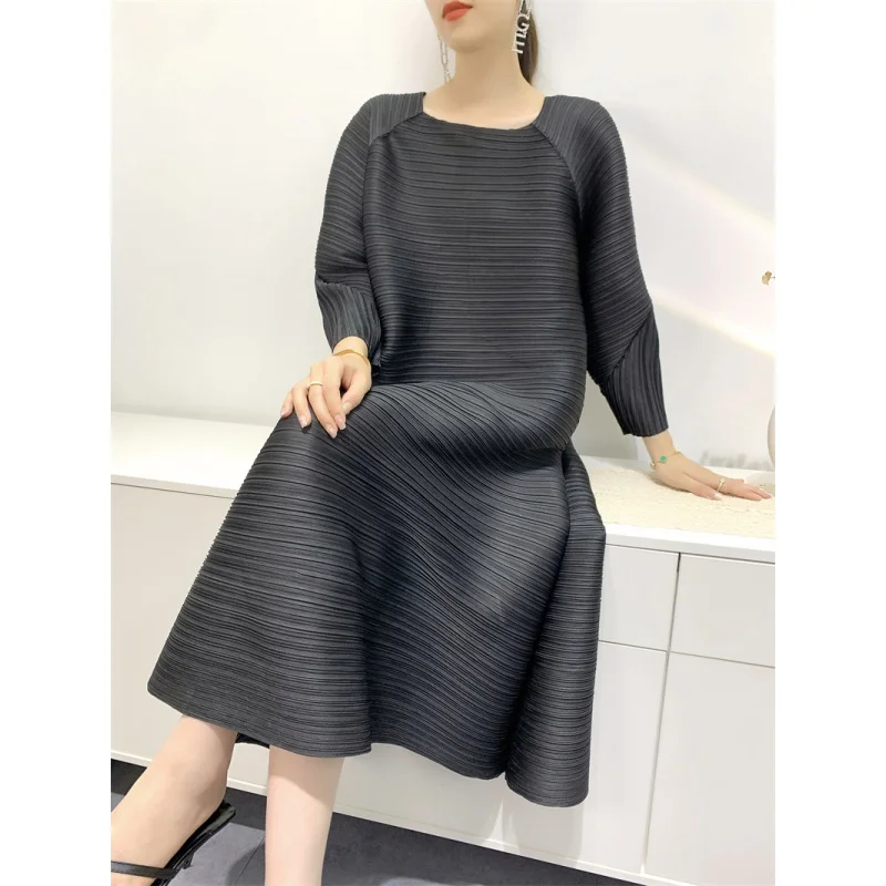 Miyake 2023 Spring Summer Dress Women\'s Pleated Skirt Temperament Age-reducing Mid-length Mother\'s Outfit  Maxi Robe