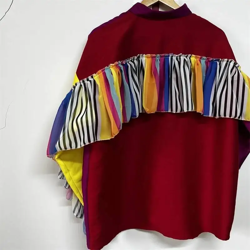 Multi Tone Patchwork Ruffle Fringe Sleeve Shirt Mens Niche Art Street Spring Autumn Long Sleeve Casual Tops CD5R