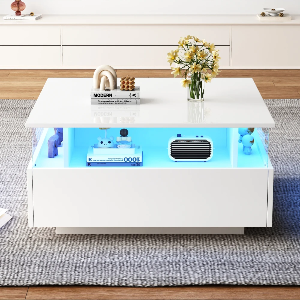 70 x 70 x 41 cm großer moderner Hochglanz-LED-Couchtisch mit 2 Schubladen und transparentem Präsentationsbereich, belastbar bis zu 30 kg – Detail 32