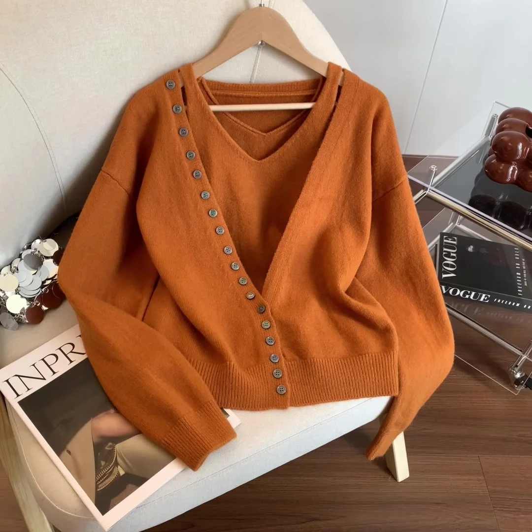 

Женский оранжевый кардиган, свитер, комплект из двух предметов, винтажный джемпер Y2k 2000-х годов, трикотаж, свитер с длинными рукавами в корейском стиле, осенняя одежда