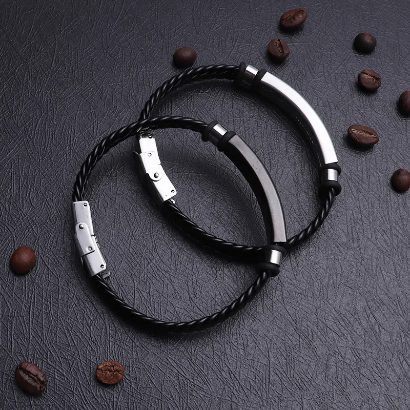 50PCS Stainless Steel Leather Bangles Blank ID Tags For Engrave Leather Braid Bracelet With Metal Plate DIY Carving