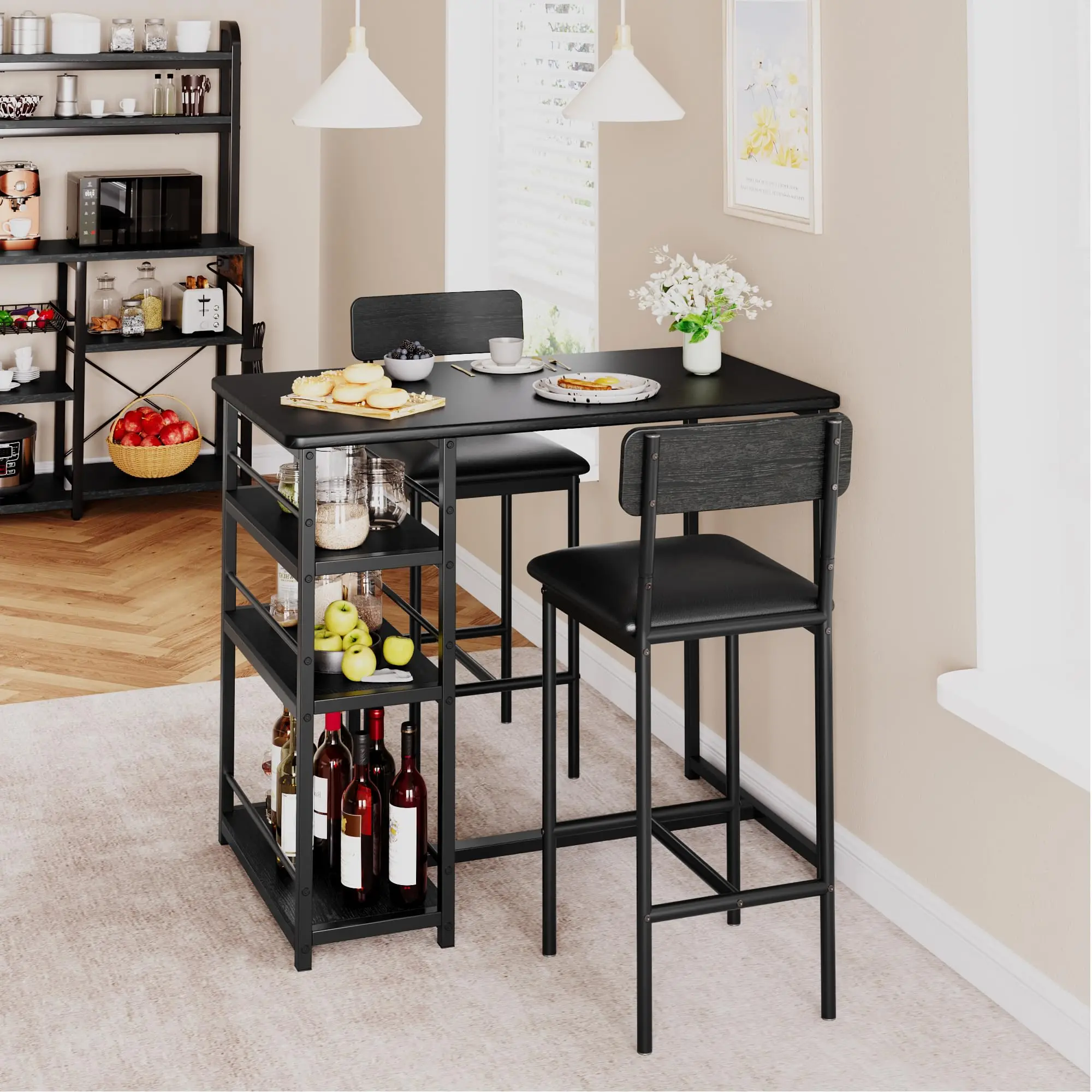 

3-Piece Counter Height Dining Table Set With 2 Upholstered Bar Stools For Small Space Apartment Black