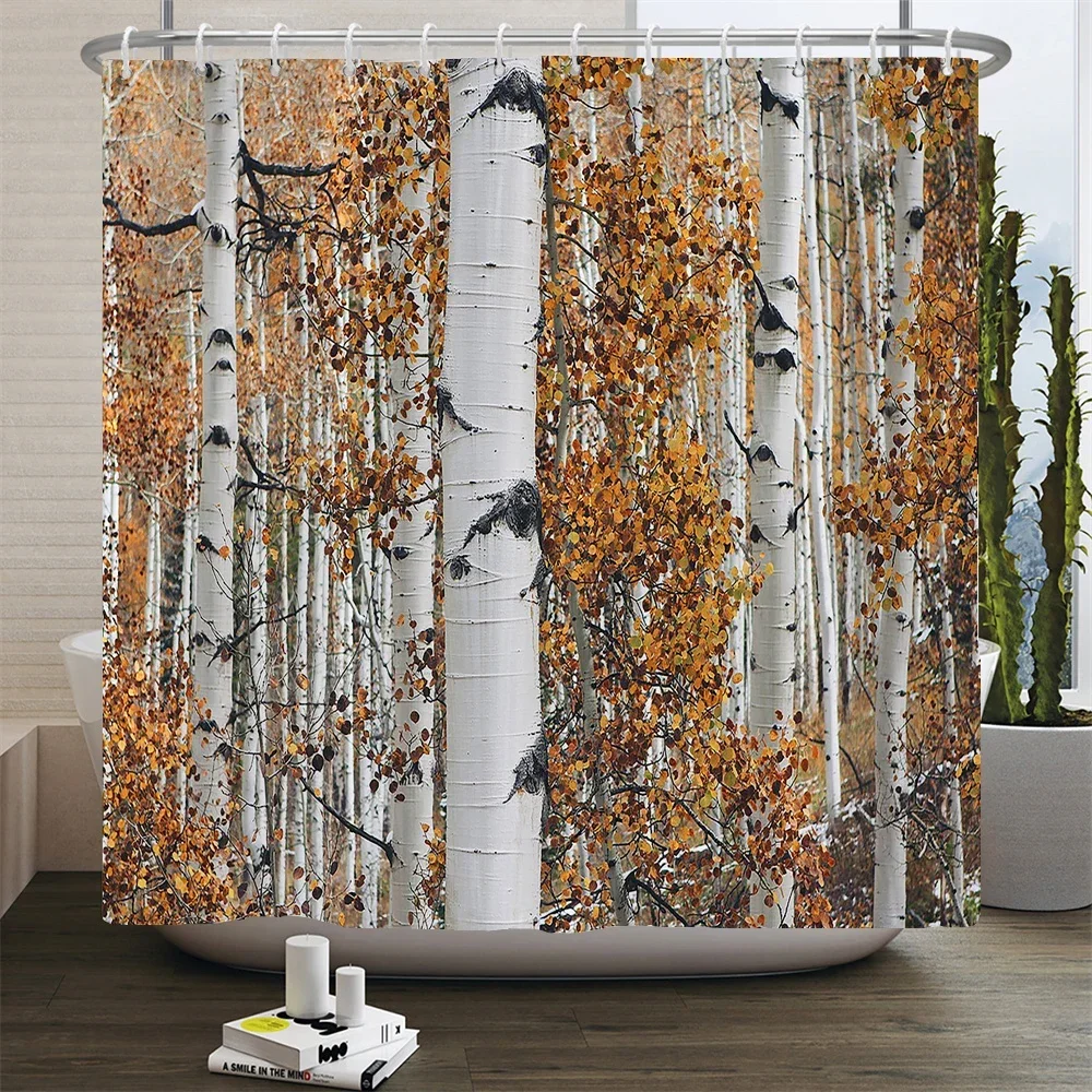 Birch Forest Trees Shower Curtain Natural Landscape Prints Fabric Waterproof Polyester Bathroom Curtains Decoration with Hooks