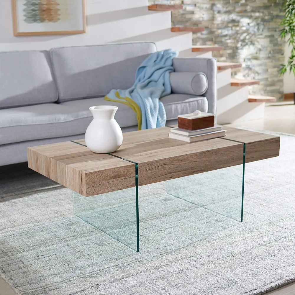 Home Collection Jacob طاولة القهوة العائمة المستطيلة الحديثة COF7001C، 43.3 بوصة عرض × 23.6 بوصة طول × 15.7 بوصة ارتفاع، أرجل طبيعية/زجاجية