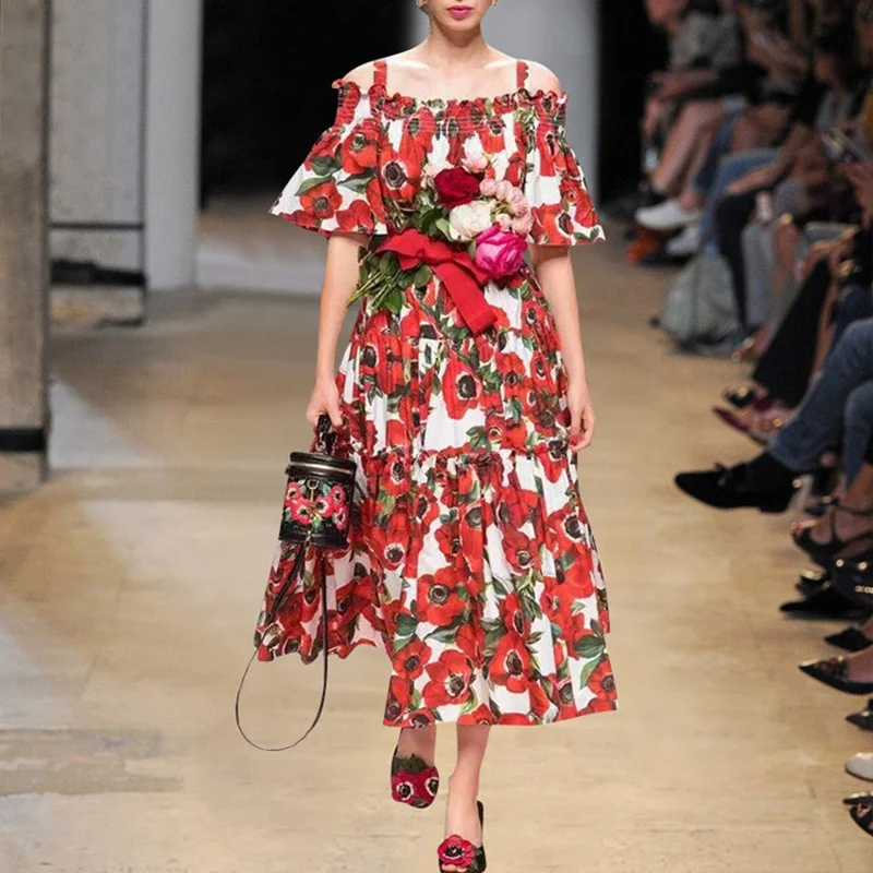 Sicilian-vestido de verano con manga abullonada para mujer, traje de fiesta con tirantes finos, estampado Floral, rosa roja, 2023