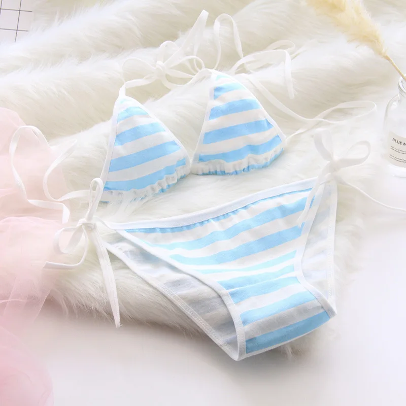 2PCS Women Bra Panties Set Sexy Lingeries Cotton Seamless Kawaii Bikini Lace-up Strap Blue White Striped Suit Female Underwear