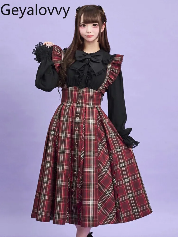 Herbst Neue Massenproduzierte College Stil Muster Flattern Ärmel Strap Midi Rock Süße Mädchen Hohe Taille Dünne Lange Hosenträger röcke