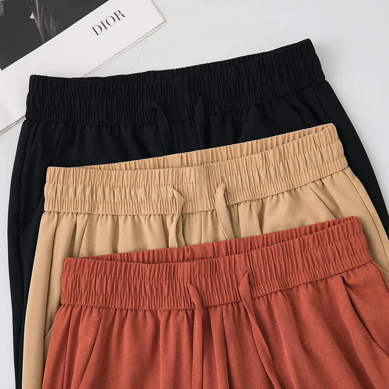 Summer New Versatile Ice Silk Narrow Edition Wide Leg Pants Women'S High Waist Skinny Comfortable Casual Straight Leg Trousers